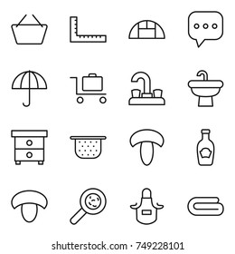 thin line icon set : basket, ruler, greenhouse, sms, dry cargo, baggage trolley, water tap, sink, nightstand, colander, mushroom, ketchup, viruses, apron, towel