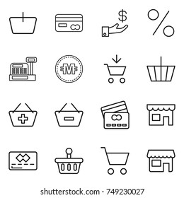 thin line icon set : basket, card, investment, percent, cashbox, crypto currency, add to cart, remove from, credit, shop