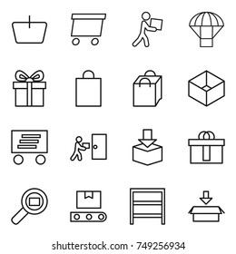 thin line icon set : basket, delivery, courier, parachute, gift, shopping bag, box, package, hi quality, cargo search, transporter tape, rack
