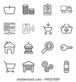 thin line icon set : basket, coin stack, report, truck, server, pass card, add to cart, home, goverment house, cargo search, key, garage, gears, do not distrub