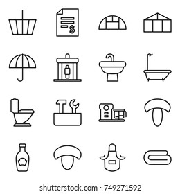thin line icon set : basket, account balance, greenhouse, dry cargo, detector, sink, bath, toilet, repair tools, food processor, mushroom, ketchup, apron, towel