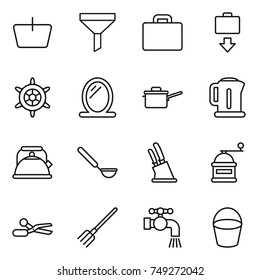 thin line icon set : basket, funnel, suitcase, baggage get, handwheel, mirror, saute pan, kettle, ladle, knife holder, hand mill, scissors, fork, water tap, bucket