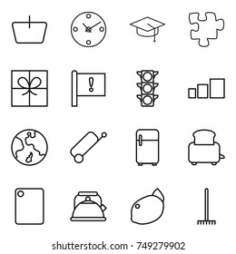 thin line icon set : basket, clock, graduate hat, puzzle, gift, important flag, traffic light, sorting, earth, suitcase, fridge, toaster, cutting board, kettle, lemon, rake