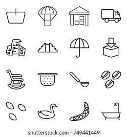 thin line icon set : basket, parachute, warehouse, delivery, modern architecture, pyramid, dry cargo, package, rocking chair, colander, ladle, coffee seeds, goose, peas, bath