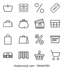 thin line icon set : basket, money, percent, sale, shopping bag, purse, credit card, market, atm receipt, bar code, cart