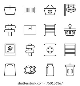thin line icon set : basket, battery, delete cart, shop signboard, singlepost, package box, rack, photo, signpost, ring button, cutting board, plates, bank, trash bin