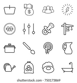 thin line icon set : basket, money gift, group, lightning, crypto currency, equalizer, nipple, tower crane, pan, big spoon, elecric oven, jug, watering can, garbage bag, soap, bath
