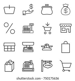 thin line icon set : basket, investment, purse, money bag, percent, cashbox, add to cart, shop, market, scales, shopping, store signboard