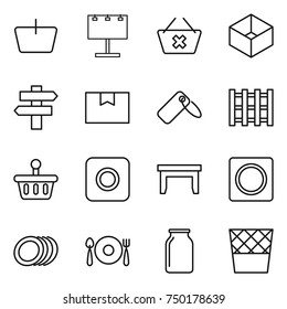 thin line icon set : basket, billboard, delete cart, box, singlepost, package, label, pallet, ring button, table, plates, fork spoon plate, bank, trash bin
