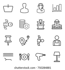 thin line icon set : basket, man, call center, graph, satellite, virtual mining, flower, mansion, pin, route, workman, lounger, cafe, hair dryer, floor lamp