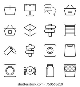 thin line icon set : basket, billboard, discussion, remove from, delete cart, box, singlepost, rack, label, signpost, ring button, cutting board, fork spoon plate, bank, trash bin
