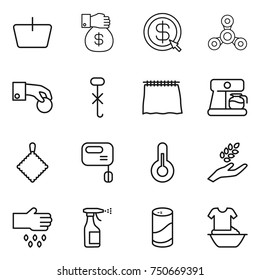thin line icon set : basket, money gift, dollar arrow, spinner, hand coin, do not hook sign, curtain, coffee maker, rag, mixer, thermometer, harvest, sow, sprayer, cleanser powder, handle washing