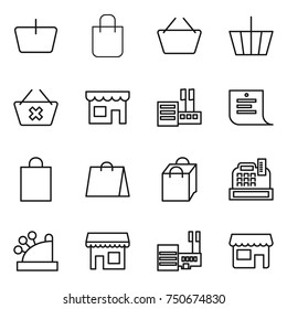thin line icon set : basket, shopping bag, delete cart, shop, store, list, cashbox, mall