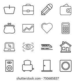 thin line icon set : basket, portfolio, pencil, wallet, purse, statistics, heart, calculator, notebook, eye identity, train, home, speaker, toaster, door, ring button