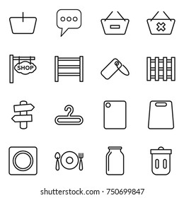 thin line icon set : basket, message, remove from, delete cart, shop signboard, rack, label, pallet, signpost, hanger, cutting board, ring button, fork spoon plate, bank, trash bin