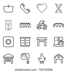 thin line icon set : basket, phone, heart, dna, wireless, bridge, modern architecture, ring button, chest of drawers, stool, coffee maker, garage, mixer, fire, barn