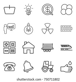 thin line icon set : basket, bulb, dollar arrow, atom core, presentation, rocket, nuclear, battery, calculator, home, truck shipping, train, phone, bell, tractor, hand drop