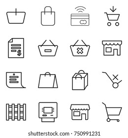 thin line icon set : basket, shopping bag, tap to pay, add cart, account balance, remove from, delete, shop, list, do not trolley sign, pallet, atm