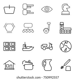 thin line icon set : basket, diagram, eye, chess horse, hex molecule, structure, segway, mansion, panel house, sea shipping, scooter, earth, home, steam pan, jug, toilet brush