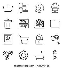 thin line icon set : basket, diagram, around gear, notebook globe, bin, modular house, office, documents, photo, cart, locked, mixer, coffee seeds, sun, bath, do not distrub