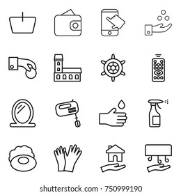 thin line icon set : basket, wallet, touch, chemical industry, hand coin, mansion, handwheel, remote control, mirror, mixer, drop, sprayer, soap, gloves, housing, dryer