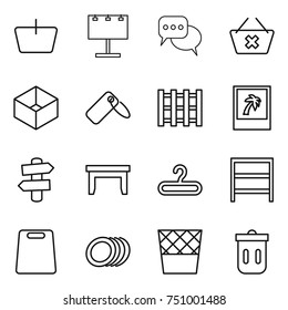 thin line icon set : basket, billboard, discussion, delete cart, box, label, pallet, photo, signpost, table, hanger, rack, cutting board, plates, trash bin