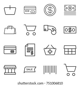 thin line icon set : basket, card, dollar, money, shopping bag, cart, hand coin, credit, account balance, add to, market, sale, bar code