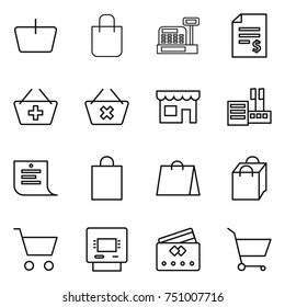 thin line icon set : basket, shopping bag, cashbox, account balance, add to, delete cart, shop, store, list, atm, credit card