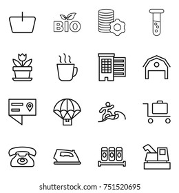 thin line icon set : basket, bio, virtual mining, vial, flower, hot drink, houses, barn, location details, parachute delivery, surfer, baggage trolley, phone, iron, spices, harvester