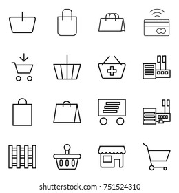 thin line icon set : basket, shopping bag, tap to pay, add cart, store, delivery, mall, pallet, shop