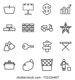 thin line icon set : basket, billboard, dollar, diagram, block wall, brick, scooter shipping, starfish, flippers, key, signpost, iron board, pan, lemon, trash bin, garbage