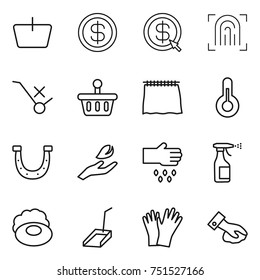 thin line icon set : basket, dollar, arrow, fingerprint, do not trolley sign, curtain, thermometer, horseshoe, hand leaf, sow, sprayer, soap, scoop, gloves, wiping
