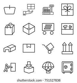 conjunto de iconos de línea delgada: cesta, regalo, caja de cambios, bolsa de compra, caja, entrega, herramientas, almacén, paquete, carro, cartel de carga, correo, paracaídas, caja fuerte