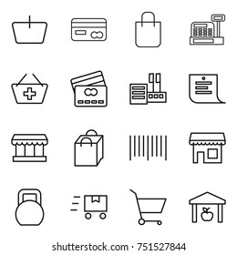 thin line icon set : basket, card, shopping bag, cashbox, add to, credit, store, list, market, bar code, shop, heavy, fast deliver, cart, warehouse