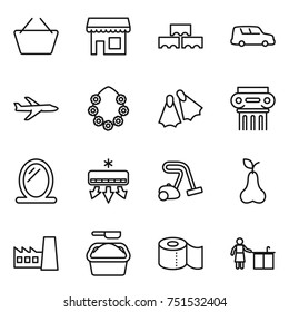 thin line icon set : basket, shop, block wall, car shipping, plane, hawaiian wreath, flippers, antique column, mirror, air conditioning, vacuum cleaner, pear, factory, washing powder, toilet paper