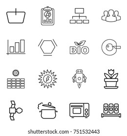 thin line icon set : basket, report, hierarchy, group, graph, hex molecule, bio, cell corection, sun power, jet robot, flower, satellite, steam pan, grill oven, spices