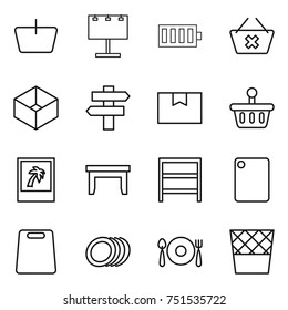 thin line icon set : basket, billboard, battery, delete cart, box, singlepost, package, photo, table, rack, cutting board, plates, fork spoon plate, trash bin