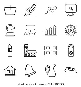 thin line icon set : basket, marker, graph, monitor arrow, chess horse, structure, up, sun power, lipstick, mansion, panel house, do not distrub, home, bell, jug, iron
