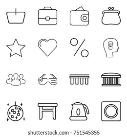 thin line icon set : basket, portfolio, wallet, purse, star, heart, percent, bulb head, group, smart glasses, bridge, airport building, disco ball, stool, kettle, ring button