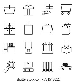 thin line icon set : basket, gift, delivery, shopping bag, consolidated cargo, fragile, top sign, package, search, transporter tape, pallet, car baggage