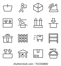 thin line icon set : basket, courier, box, cashbox, tools, sun potection, cargo top sign, package, hi quality, pallet, fast deliver, rack, repair, warehouse, washing powder