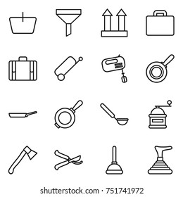 thin line icon set : basket, funnel, cargo top sign, suitcase, mixer, pan, ladle, hand mill, axe, pruner, plunger