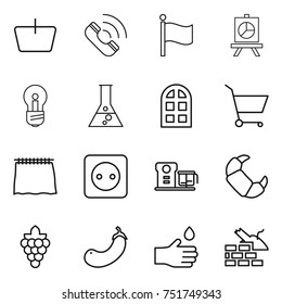 thin line icon set : basket, call, flag, presentation, bulb, flask, arch window, cart, curtain, power socket, food processor, croissant, grape, eggplant, hand drop, construct garbage