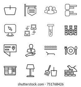 thin line icon set : basket, shop signboard, group, diagram, monitor arrow, notebook connect, vial, palace, location details, client, lounger, cafe, wardrobe, floor lamp, bucket and broom