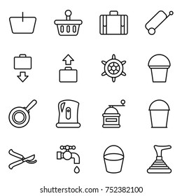 thin line icon set : basket, suitcase, baggage get, handwheel, bucket, pan, kettle, hand mill, pruner, water tap, plunger