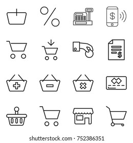 thin line icon set : basket, percent, cashbox, phone pay, cart, add to, hand coin, account balance, remove from, delete, credit card, shop
