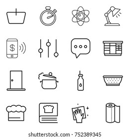 thin line icon set : basket, stopwatch, atom, table lamp, phone pay, equalizer, sms, wardrobe, door, steam pan, vegetable oil, colander, chief hat, cooking book, wiping, paper towel