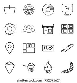 thin line icon set : basket, target, circle diagram, monitor arrow, gear, group, shop, panel house, geo pin, consolidated cargo, check in, stairs, berry, wheelbarrow, fire, peas