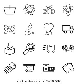 thin line icon set : basket, atom, bio, eye identity, infinity power, cardio chip, delivery, package, cargo search, fast deliver, palm hammock, jellyfish, colander, food processor, horse