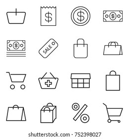 thin line icon set : basket, receipt, dollar, money, sale, shopping bag, cart, add to, market, percent